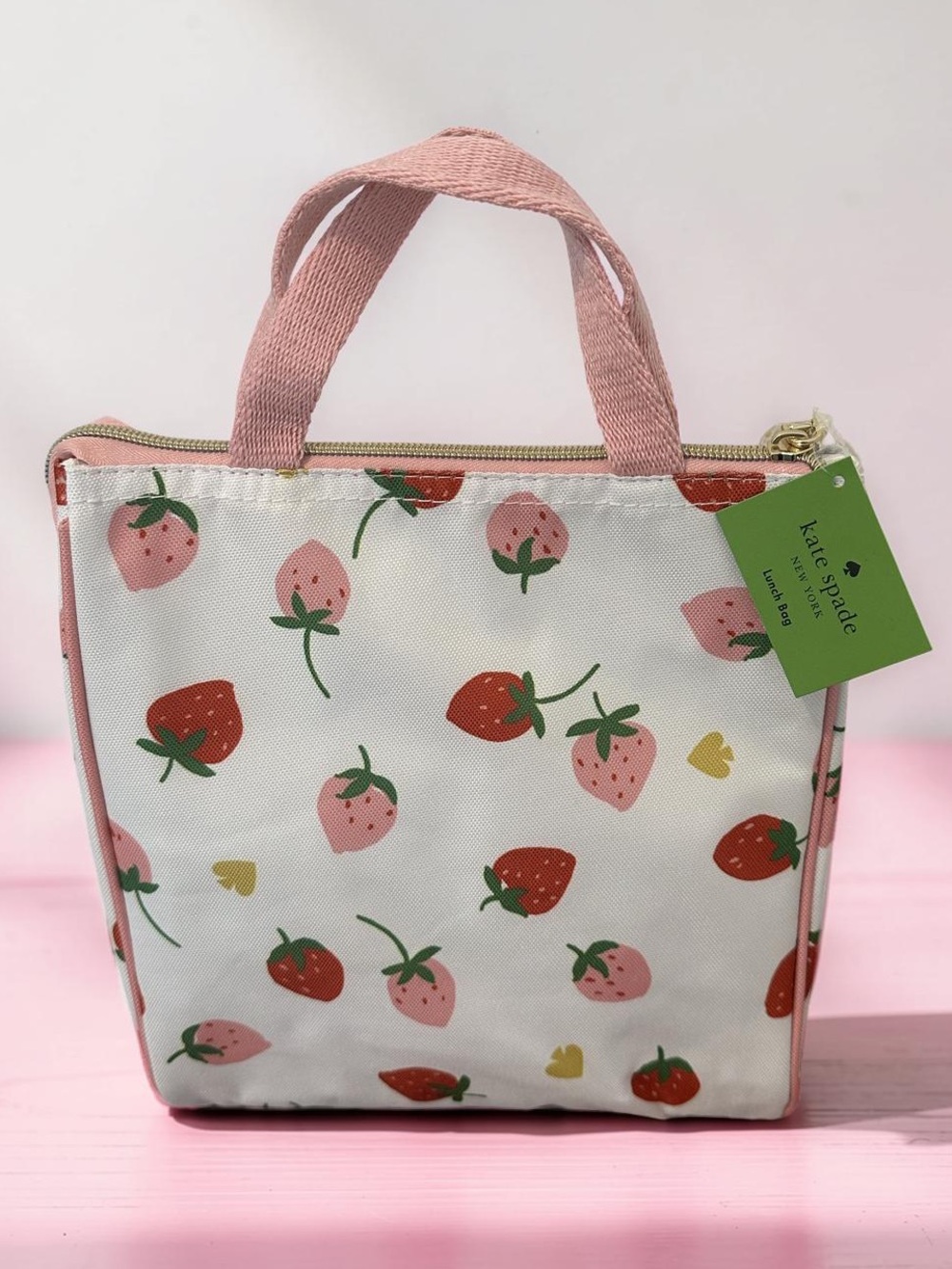 New Kate Spade New York  Pink & Red Strawberry Printed Insulated lunch Tote